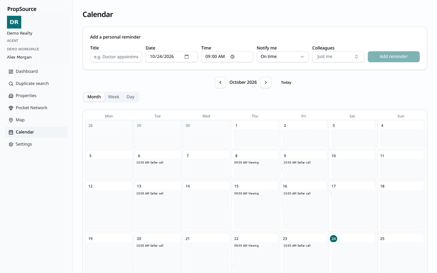 The PropSource calendar with follow-ups and personal reminders