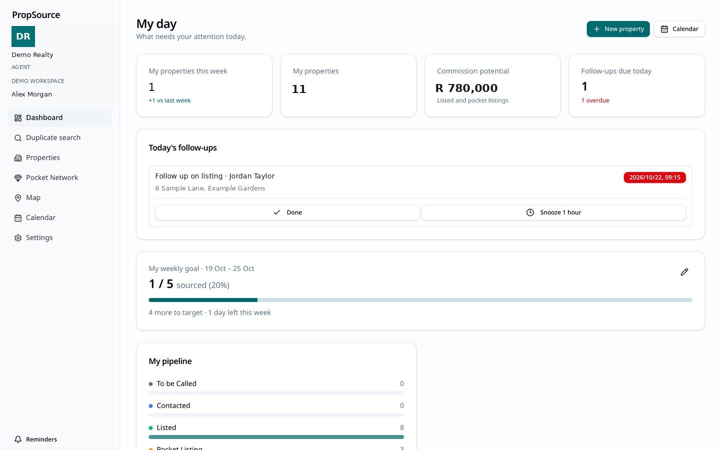 The PropSource agent dashboard with follow-ups, weekly goal and pipeline