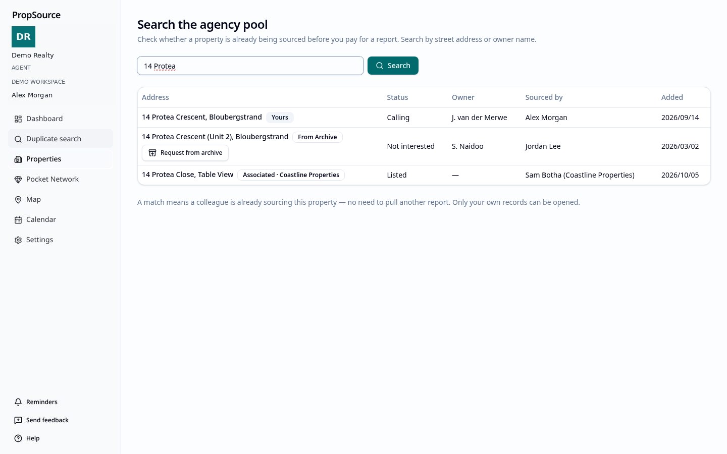 PropSource Duplicate Search results showing an existing match