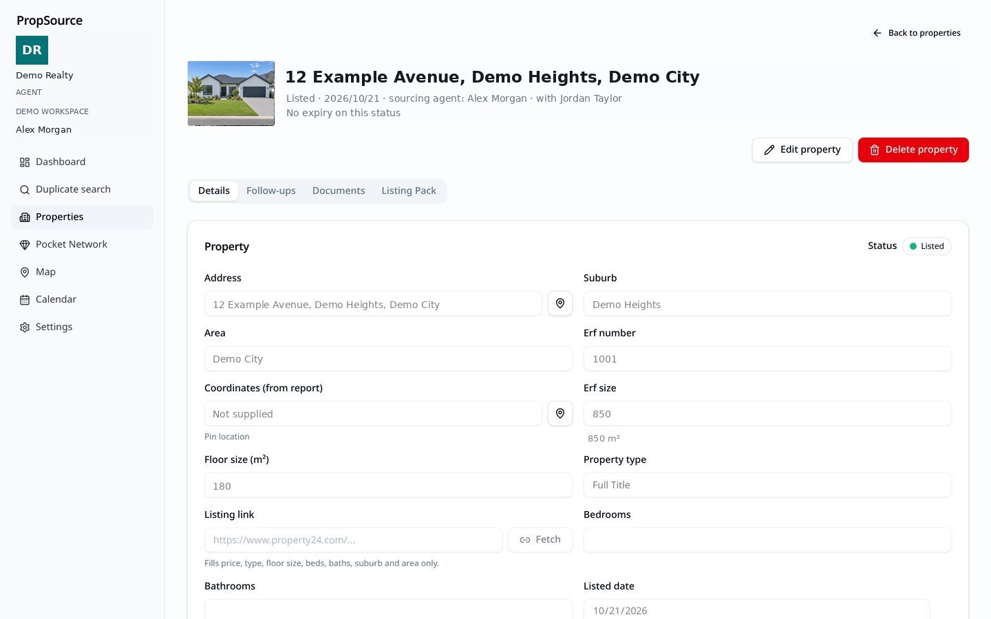 A PropSource property page with address, erf, coordinates and status